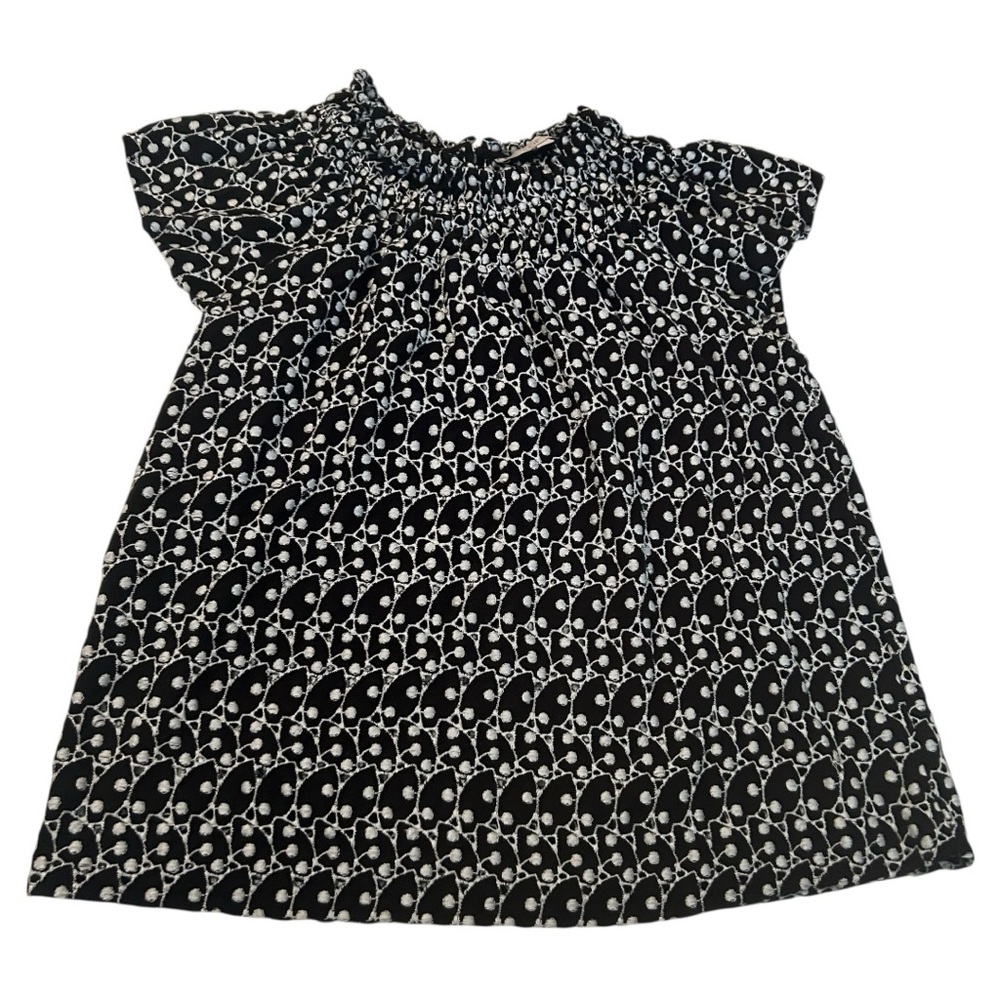 Loft black white embroidered print blouse short sleeve mock neck